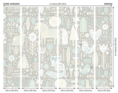 Origin Murals Scandi Forest Animals Warm Grey 300cm X 240cm