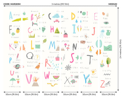 Origin Murals Childrens Alphabet Illustrations Multi Pink 300cm X 240cm