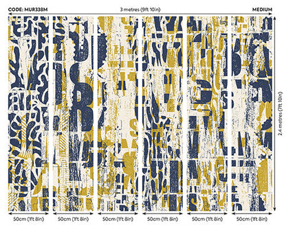 Origin Murals Letterpress Graffiti Navy Yellow 300cm X 240cm