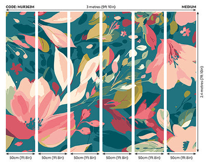 Origin Murals Flowing Flowers Teal Blue Coral 300cm X 240cm
